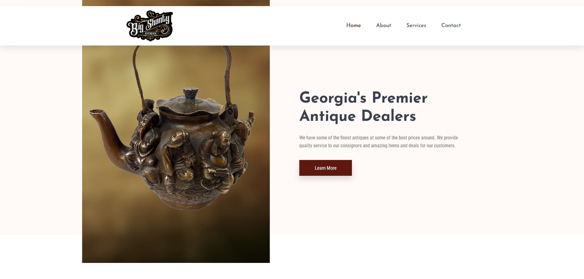 Screenshot of the Big Shanty Antiques website, a Georgia antique mall